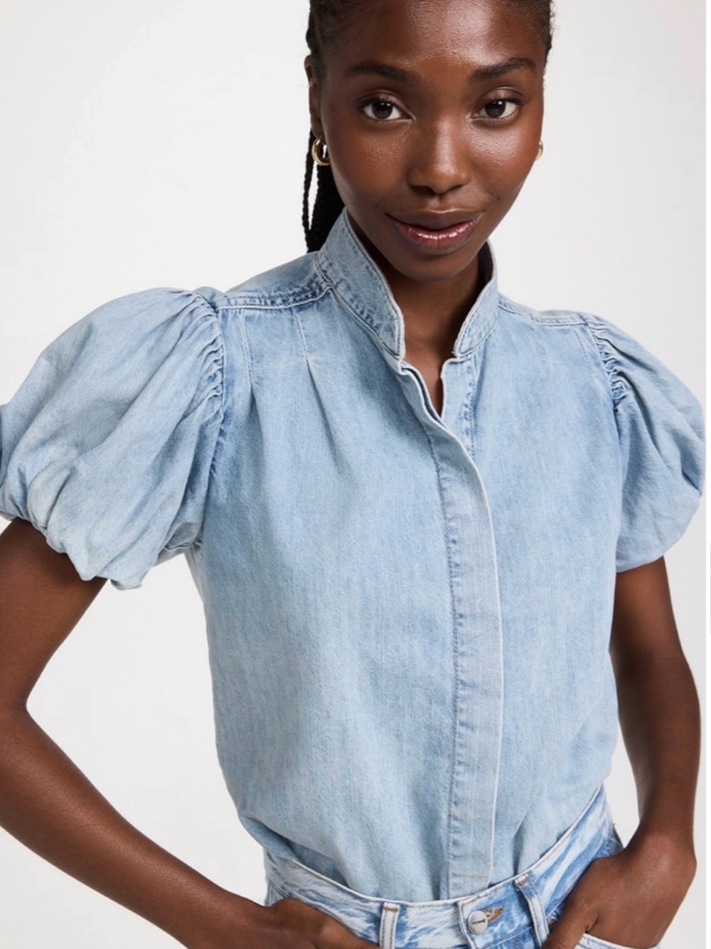 FRAME Light Wash Puff Sleeve Denim Top